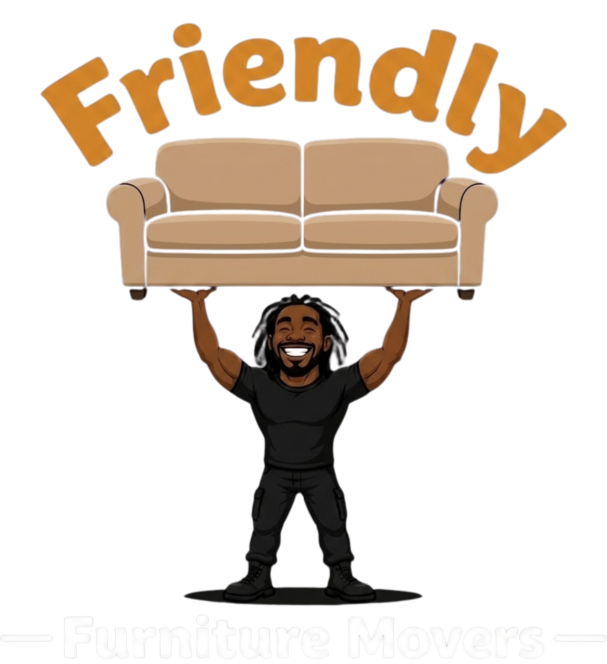 Friendly Furniture Movers Kansas City logo featuring a professional local mover lifting a sofa.